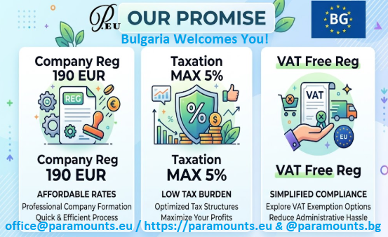 How to Set Up a Company in Bulgaria (OOD/EOOD): 

https://paramounts.bg/en/services-for-companies-in-bulgaria/company-incorporation-in-bulgaria/

Tax Implications & Accounting
Thinking of starting a Bulgarian OOD or EOOD? This video walks you through the practical steps, tax rules, and accounting essentials so you can launch with confidence. 

https://paramounts.bg/en/services-for-companies-in-bulgaria/company-incorporation-in-bulgaria/

Below are five clear chapters with timecodes, concise headings, and what you’ll learn in each section. Use the timestamps to jump straight to the parts you need.

https://paramounts.bg/en/services-for-companies-in-bulgaria/taxes/

Note: This is a practical overview and not legal advice — consult a local lawyer or accountant for your specific case.

https://paramounts.bg/en/services-for-companies-in-bulgaria/taxes/

https://paramounts.bg/en/home/